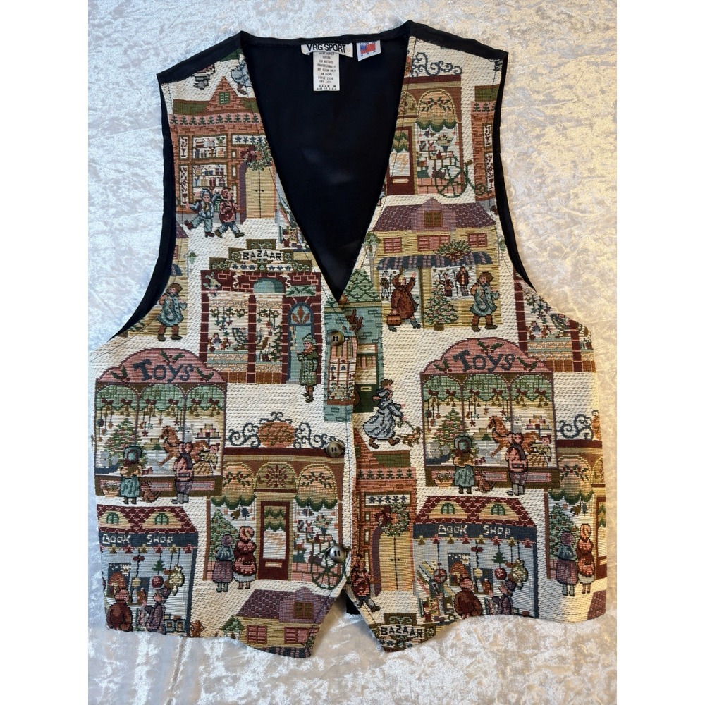Vintage VRG Sport Women's M Christmas Tapestry Vest Toy Shop Village USA